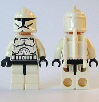 Front and back views of a white LEGO Star Wars Phase 1 Clone Jet Trooper minifigure (sw0233) with large eyes and a jetpack.