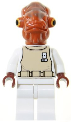 LEGO Star Wars Minifigure of Admiral Ackbar, with an orange-brown head, tan vest, white shirt, white legs, and dark brown hands.