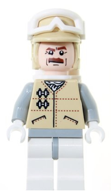 LEGO Star Wars Hoth Officer minifigure (sw0258) wearing tan cap, white goggles, tan vest, grey shirt, and white pants.