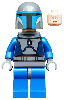 LEGO Minifigure sw0296, Mandalorian Death Watch Warrior, with blue and grey armor, grey helmet, and alternate unmasked head.