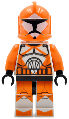 LEGO Minifigure sw0299 Clone Bomb Squad Trooper (Phase 1) with orange and white armor, featuring large black eyes on helmet.