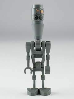 LEGO Minifigure sw0351 IG-88, a dark grey robot with a cylindrical printed head showing orange and black details.