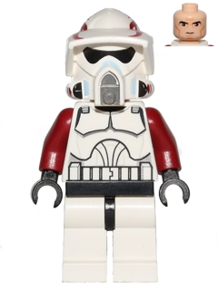 LEGO sw0378 Clone ARF Trooper Minifigure (Rancor Battalion Phase 1). White armor, dark red arms, large-eyed helmet, separate head.