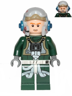 LEGO Minifigure sw0437 Rebel Pilot A-wing with open helmet, dark green jumpsuit, and frowning face, with scared face shown in inset.