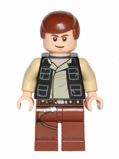 LEGO Minifigure sw0451 Han Solo with reddish-brown hair, black vest, tan shirt, and reddish-brown legs with holster.