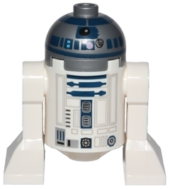LEGO R2-D2 minifigure, white body, flat silver head with blue details, lavender dots & receptor.
