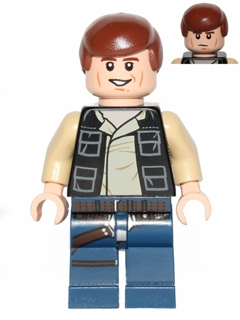 LEGO Minifigure sw0539 Han Solo, featuring a vest, dark blue legs, and a smiling face, with an alternate angry face shown inset.