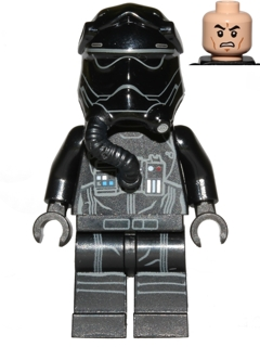 LEGO Minifigure sw0672 First Order TIE Fighter Pilot in black uniform, helmet with two white lines, and an angry face.
