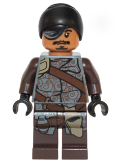 LEGO Minifigure sw0673 Crokind Shand with black eyepatch, mustache, brown arms, patterned grey tunic, and dark brown legs.