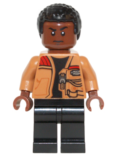 LEGO Minifigure sw0676 Finn with medium nougat jacket, black legs, dark skin, and black curly hair.