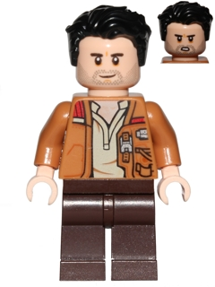 LEGO Poe Dameron minifigure sw0737 in medium nougat jacket, tan shirt, and brown pants, with black hair and two facial expressions.