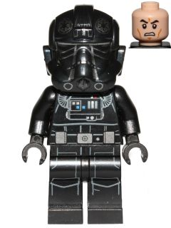 LEGO Minifigure sw0788, Imperial TIE Fighter / Striker Pilot, black suit, helmet, and exposed angry face.