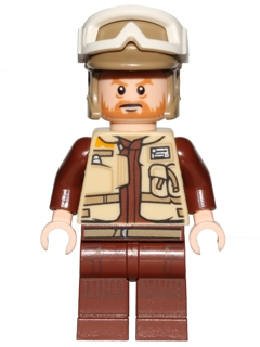 LEGO Minifigure sw0804 Rebel Trooper Corporal Rostok with white goggles, dark tan helmet, medium nougat beard, tan vest, and brown pants.