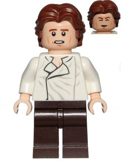 LEGO sw0823 Han Solo minifigure with wavy brown hair, white wrinkled shirt, dark brown legs. Alternate head expression shown.