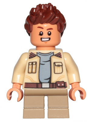 LEGO Star Wars minifigure Rowan, with brown hair, tan jacket over a light blue shirt, tan legs, and a smiling face.