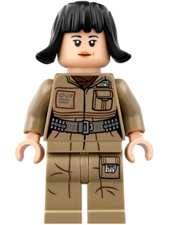 A LEGO minifigure of Rose Tico (sw0857) from Star Wars, wearing a tan jumpsuit with printed pouches and a belt, and black hair.