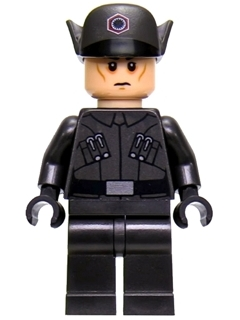 LEGO Minifigure sw0870 First Order Officer in dark grey uniform and black hat with First Order symbol, stern face.