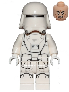 White LEGO Minifigure sw0875 First Order Snowtrooper with helmet, printed uniform, and a separate tan head with an angry face.