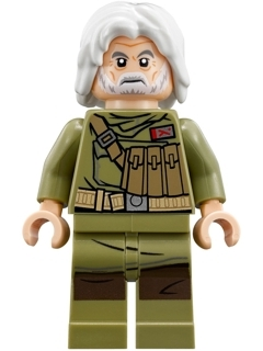 LEGO minifigure of Admiral Ematt, featuring white hair and beard, an olive green uniform, and a tan tactical vest with pouches.