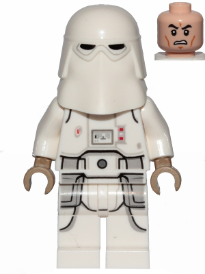 LEGO Minifigure sw1009 Snowtrooper with white helmet, printed white torso and legs, dark tan hands, and separate angry head.