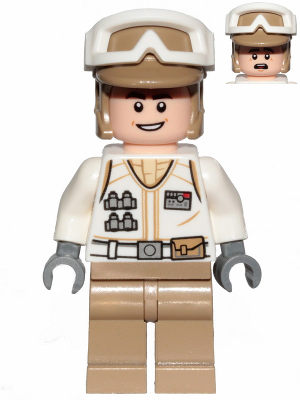 LEGO Hoth Rebel Trooper minifigure sw1016 with white uniform, dark tan legs, white helmet, and open mouth smile.