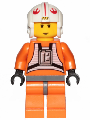 LEGO Minifigure sw1024 Luke Skywalker pilot in orange jumpsuit, white helmet with Rebel symbols, and light grey vest.