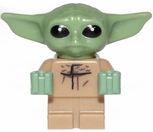 LEGO Minifigure of Din Grogu (Baby Yoda) with light green head and tan body, showing the Mudhorn signet.