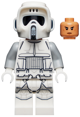 LEGO sw1182 Imperial Scout Trooper Hoth minifigure in white armor with grey arms, dual-molded helmet, and separate nougat head.