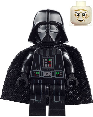 LEGO Minifigure sw1249 Darth Vader in black suit, helmet, printed arms, and spongy cape. White unmasked head with frown included.