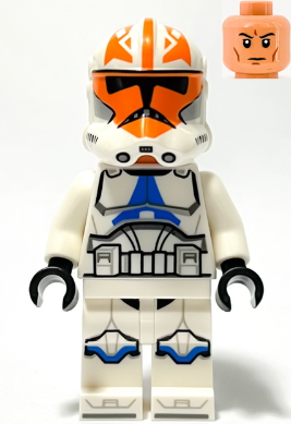 LEGO Minifigure sw1278, Clone Trooper, 332nd Company. White armor with orange helmet, blue chest/leg markings, plus tan head.