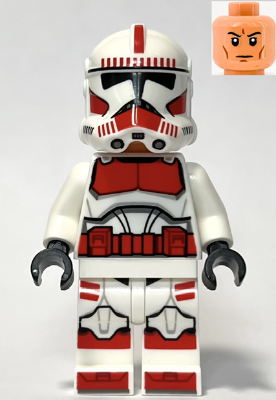 LEGO Minifigure sw1305 Clone Shock Trooper, Coruscant Guard (Phase 2) with white and red armor. Nougat head shown.