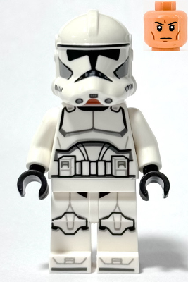 LEGO Minifigure sw1319 - Phase 2 Clone Trooper in white armor with black visor, and a separate nougat head showing a serious expression.