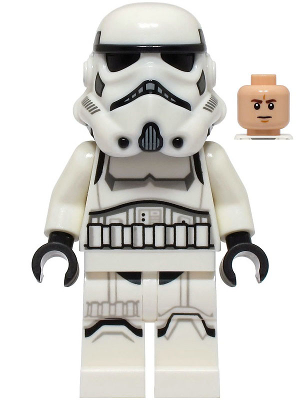 LEGO sw1327 Imperial Stormtrooper minifigure with dual-molded helmet, printed shoulder belts, and separate light nougat head.