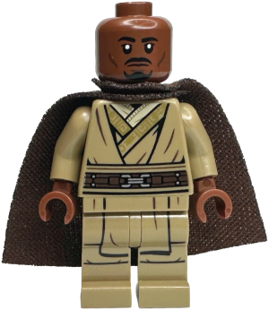 LEGO Minifigure sw1336 Kelleran Beq with dark brown skin, mustache, beard, tan Jedi robe, and brown cape.