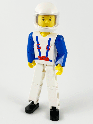 LEGO Technic figure tech006b with white legs, white top with blue suspenders pattern, blue arms, and white helmet.