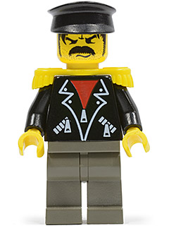 LEGO minifigure with black captain's hat, angry face, mustache, black leather jacket, red shirt, yellow epaulettes, and dark gray legs.