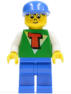 LEGO Minifigure Timmy (tim004) with blue cap, yellow head, green shirt with red 'T' logo, white sleeves, and blue legs.