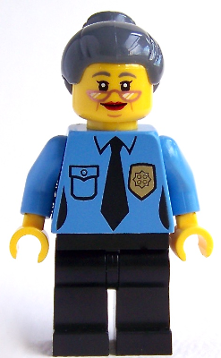 LEGO Minifigure tlm019 - Ma Cop: female figure in a light blue uniform shirt with black tie, badge, and black pants.