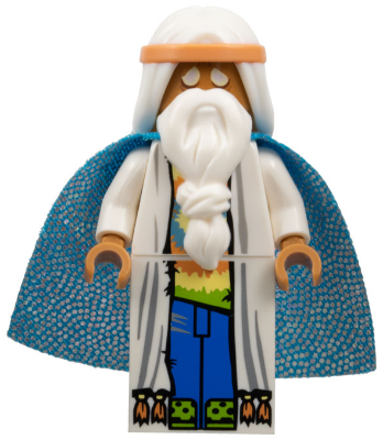 LEGO Minifigure tlm021 Vitruvius in white robe, blue cape, orange headband, long white beard, and colorful shirt.