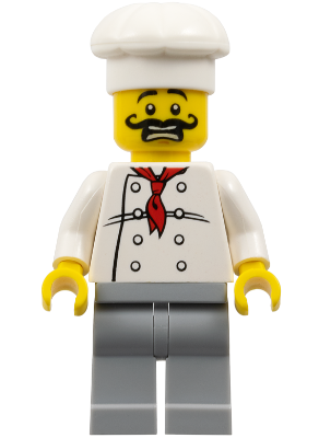 LEGO Minifigure tlm051 Gordon Zola wearing a white chef's hat and jacket with a red neckerchief, yellow head with mustache, and grey legs.