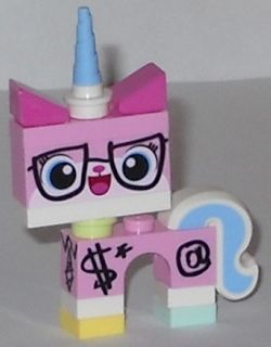 Pink LEGO Unikitty minifigure (Biznis Kitty) with blue horn, black glasses, happy face, and business symbols on legs.