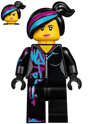 LEGO Minifigure Lucy Wyldstyle: black hair with magenta/blue streak, black hoodie with turquoise/magenta graffiti, black legs. Inset angry face.