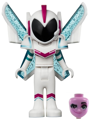 LEGO Minifigure Sweet Mayhem (tlm116) in white armor with pink and teal accents, clear glitter wings, and a white helmet. Includes separate lavender head.