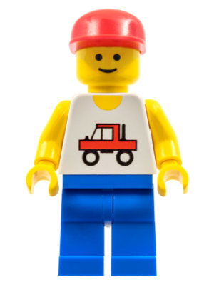 LEGO Minifigure trc003 - Trucker - Blue Legs, Red Cap. Features yellow skin, smiling face, and white shirt with a red truck print.