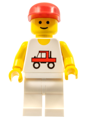 LEGO Minifigure trc004 Trucker with red cap, yellow head, white torso with red truck graphic, yellow arms, and white legs.