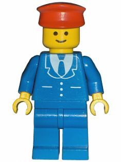 LEGO Minifigure trn068 in a blue suit with white tie, blue legs, yellow head, and red hat, on a white background.