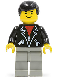 LEGO Minifigure trn085 with black hair, yellow head, black leather jacket with red collar and white zippers, light gray legs.