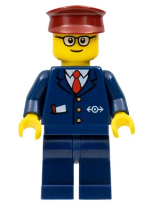 LEGO Minifigure trn115a: Tram Driver in dark blue suit with train logo, dark red hat, rounded glasses, and dark blue legs.