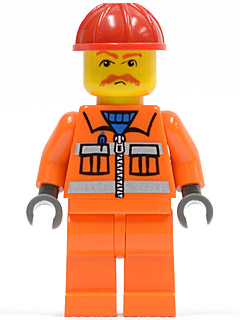LEGO Minifigure trn129a: orange construction worker with red helmet, angry face, brown moustache, and safety vest.