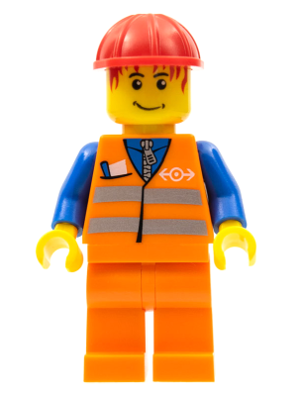 LEGO Minifigure trn130, orange vest with safety stripes, orange legs, red construction helmet, and red bangs.